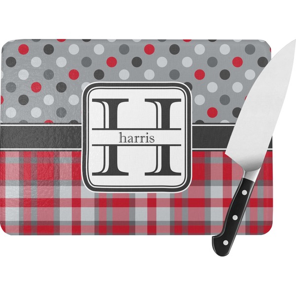 Custom Red & Gray Dots and Plaid Rectangular Glass Cutting Board - Medium - 11"x8" (Personalized)