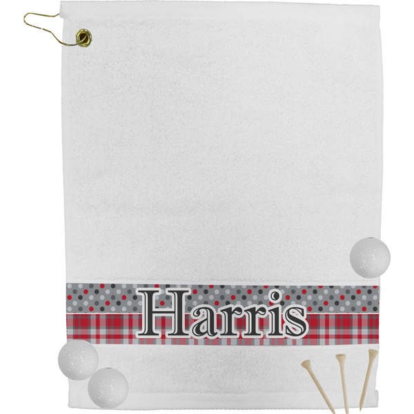 Custom Red & Gray Dots and Plaid Golf Bag Towel (Personalized)