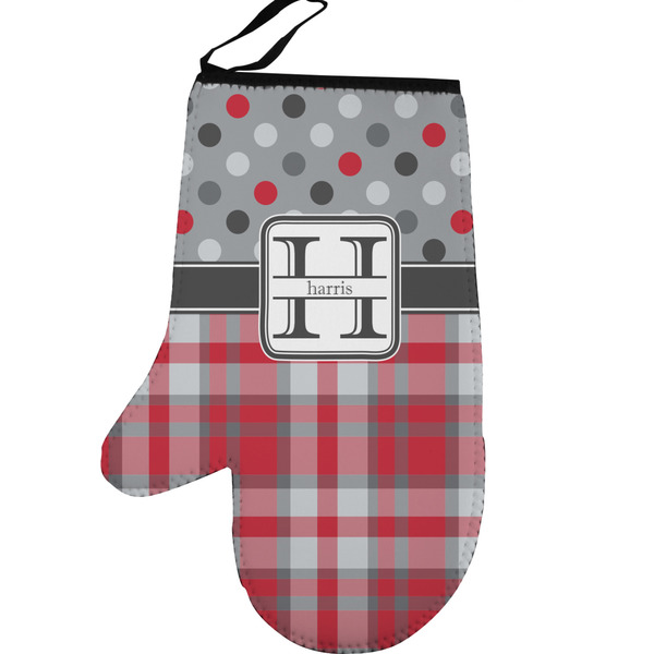Custom Red & Gray Dots and Plaid Left Oven Mitt (Personalized)