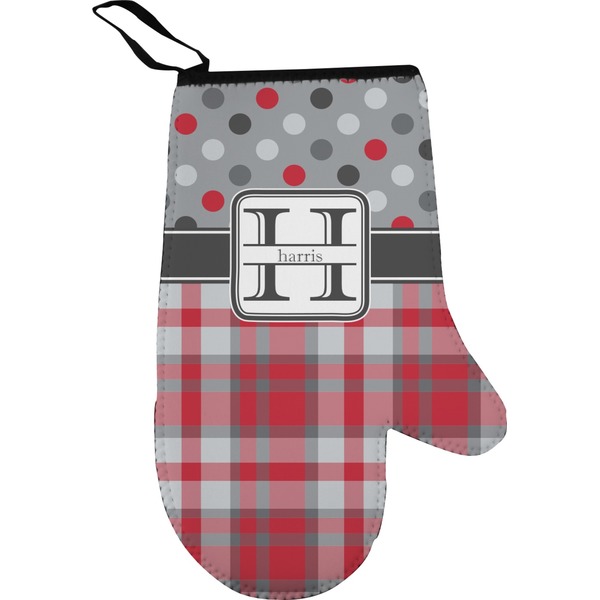 Custom Red & Gray Dots and Plaid Right Oven Mitt (Personalized)
