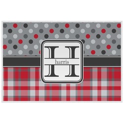 Red & Gray Dots and Plaid Laminated Placemat w/ Name and Initial
