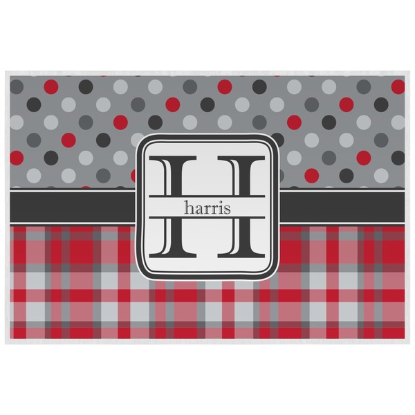 Custom Red & Gray Dots and Plaid Laminated Placemat w/ Name and Initial