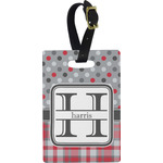 Red & Gray Dots and Plaid Plastic Luggage Tag - Rectangular w/ Name and Initial