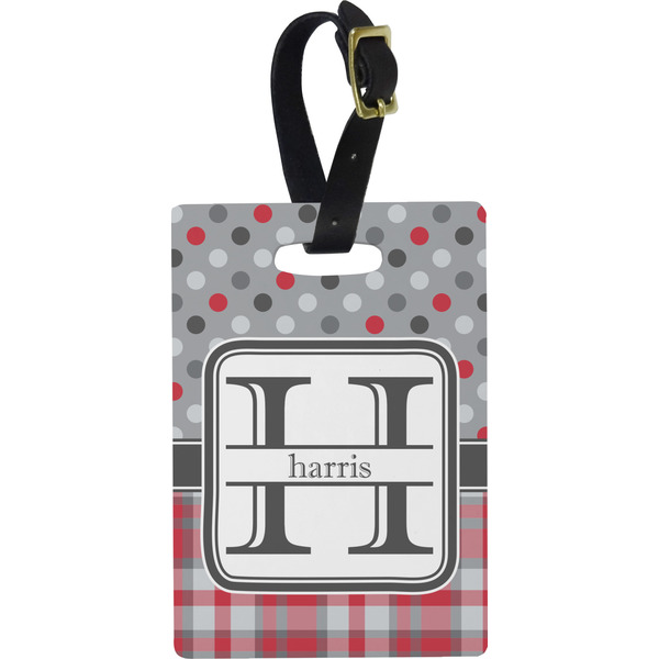 Custom Red & Gray Dots and Plaid Plastic Luggage Tag - Rectangular w/ Name and Initial