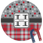 Red & Gray Dots and Plaid Round Fridge Magnet (Personalized)