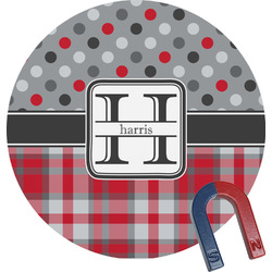 Red & Gray Dots and Plaid Round Fridge Magnet (Personalized)