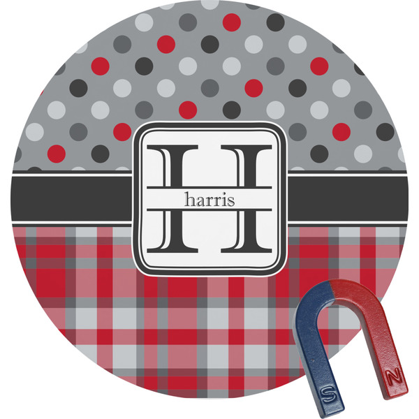 Custom Red & Gray Dots and Plaid Round Fridge Magnet (Personalized)