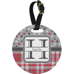 Red & Gray Dots and Plaid Plastic Luggage Tag - Round (Personalized)