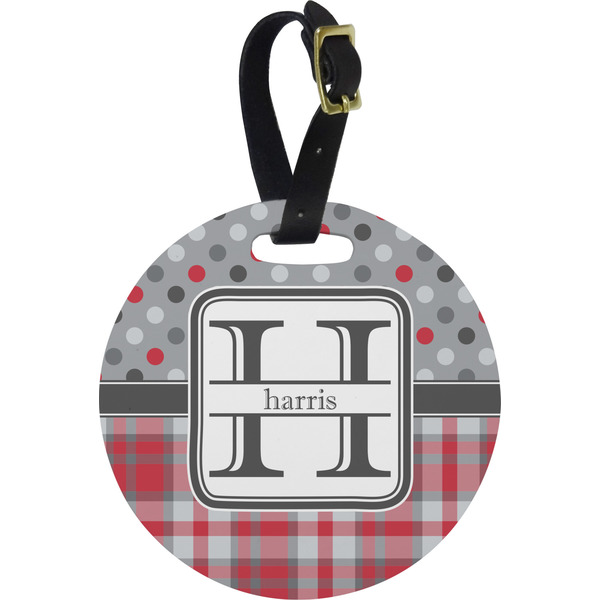 Custom Red & Gray Dots and Plaid Plastic Luggage Tag - Round (Personalized)