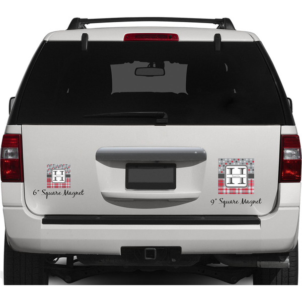 Red & Gray Dots and Plaid Personalized Square Car Magnets on Ford Explorer