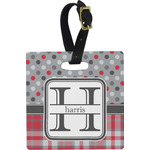 Red & Gray Dots and Plaid Plastic Luggage Tag - Square w/ Name and Initial