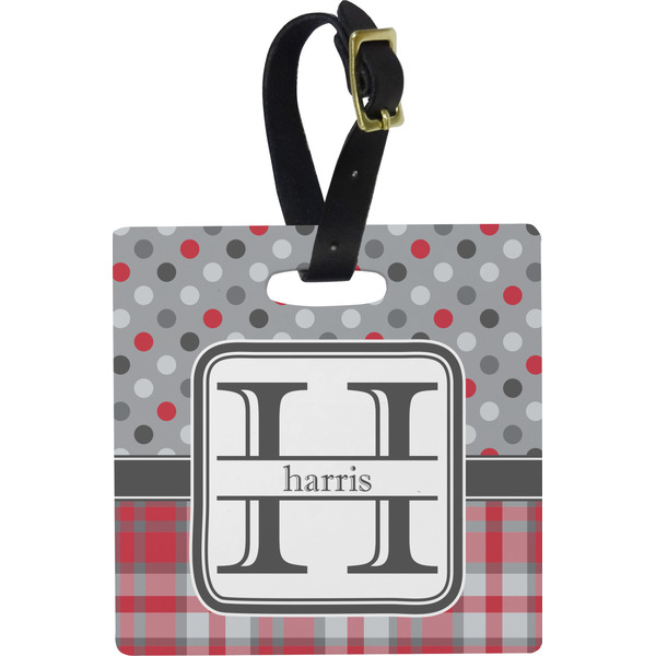 Custom Red & Gray Dots and Plaid Plastic Luggage Tag - Square w/ Name and Initial