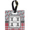 Red & Gray Dots and Plaid Plastic Luggage Tag - Square w/ Name and Initial
