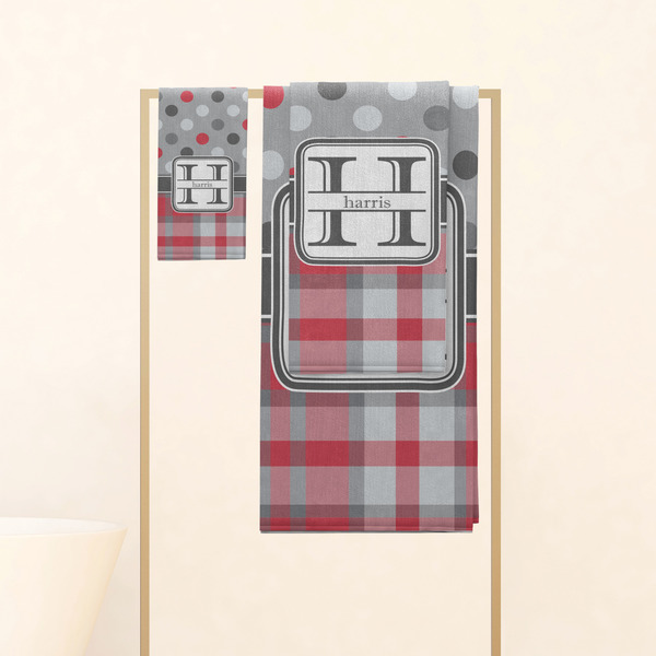 Red & Gray Dots and Plaid Personalized Towel Set