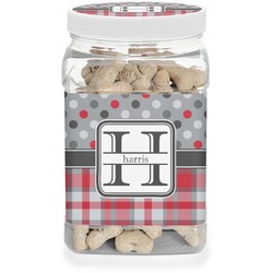 Red & Gray Dots and Plaid Dog Treat Jar (Personalized)