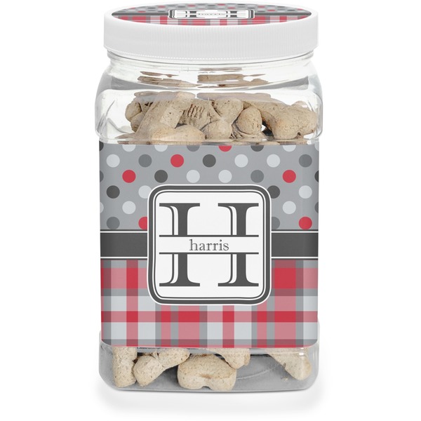 Custom Red & Gray Dots and Plaid Dog Treat Jar (Personalized)