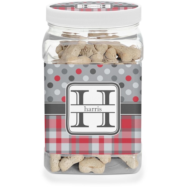 Custom Red & Gray Dots and Plaid Dog Treat Jar (Personalized)