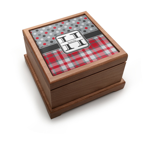 Custom Red & Gray Dots and Plaid Pet Urn w/ Name and Initial