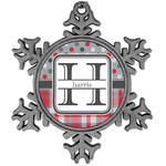 Red & Gray Dots and Plaid Vintage Snowflake Ornament (Personalized)