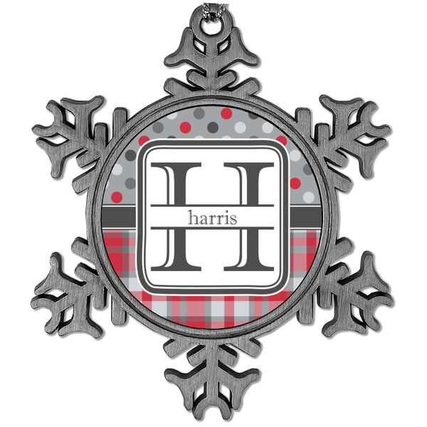 Custom Red & Gray Dots and Plaid Vintage Snowflake Ornament (Personalized)