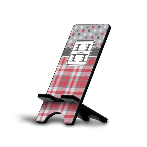 Custom Red & Gray Dots and Plaid Cell Phone Stand (Personalized)