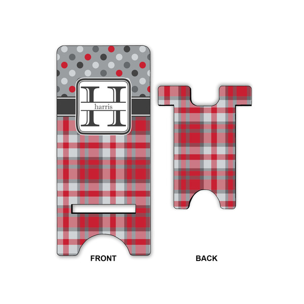 Red & Gray Dots and Plaid Phone Stand - Front & Back