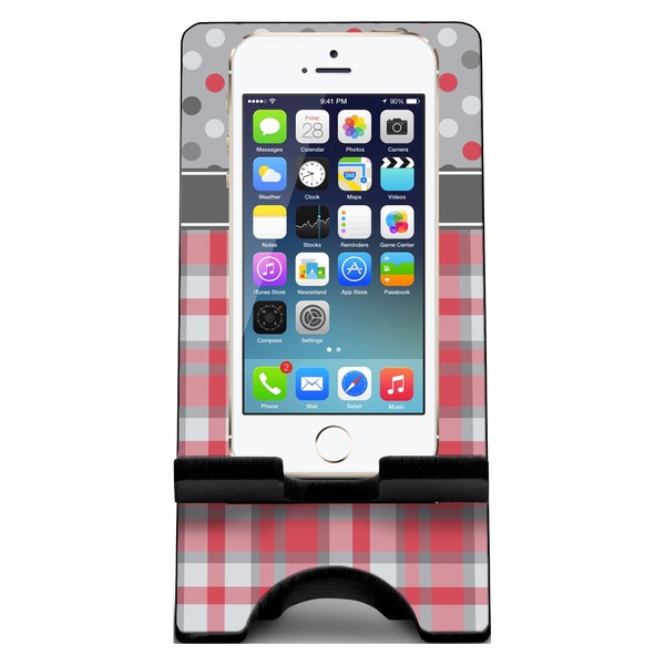 Red & Gray Dots and Plaid Phone Stand w/ Phone