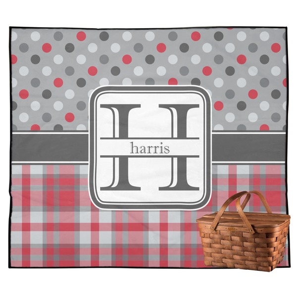Custom Red & Gray Dots and Plaid Outdoor Picnic Blanket (Personalized)