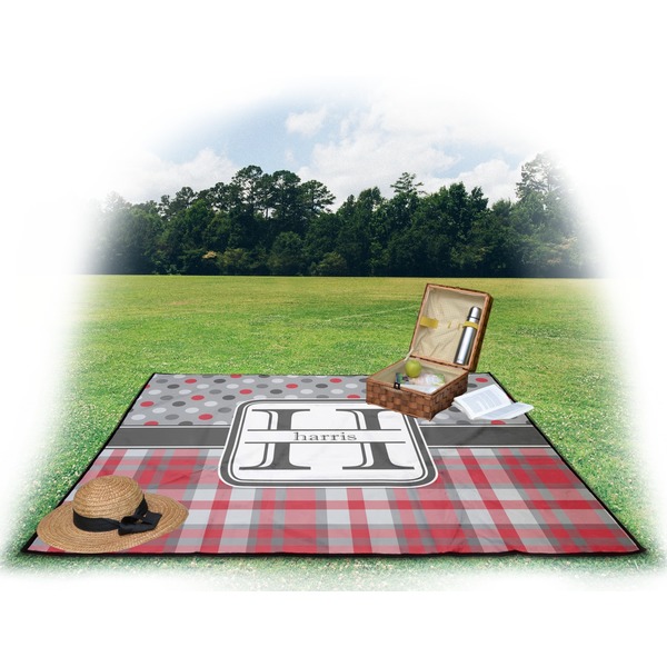 Red & Gray Dots and Plaid Picnic Blanket - with Basket Hat and Book - in Use