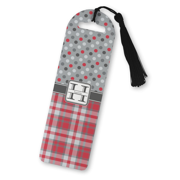Custom Red & Gray Dots and Plaid Plastic Bookmark (Personalized)