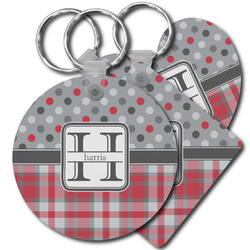 Red & Gray Dots and Plaid Plastic Keychain (Personalized)