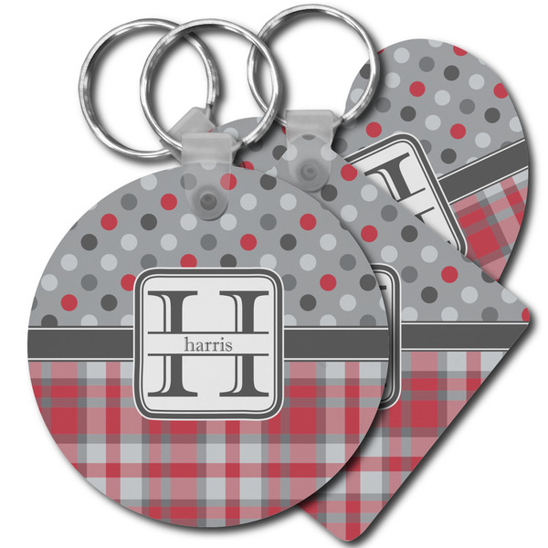 Custom Red & Gray Dots and Plaid Plastic Keychain (Personalized)