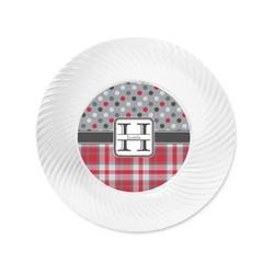 Red & Gray Dots and Plaid Plastic Party Appetizer & Dessert Plates - 6" (Personalized)