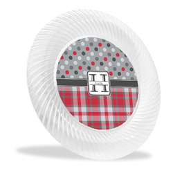 Red & Gray Dots and Plaid Plastic Party Dinner Plate - 10" (Personalized)