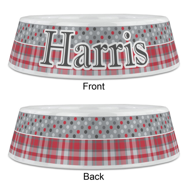 Red & Gray Dots and Plaid Plastic Pet Bowls - Large - APPROVAL