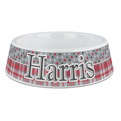 Red & Gray Dots and Plaid Plastic Dog Bowl - Large (Personalized)