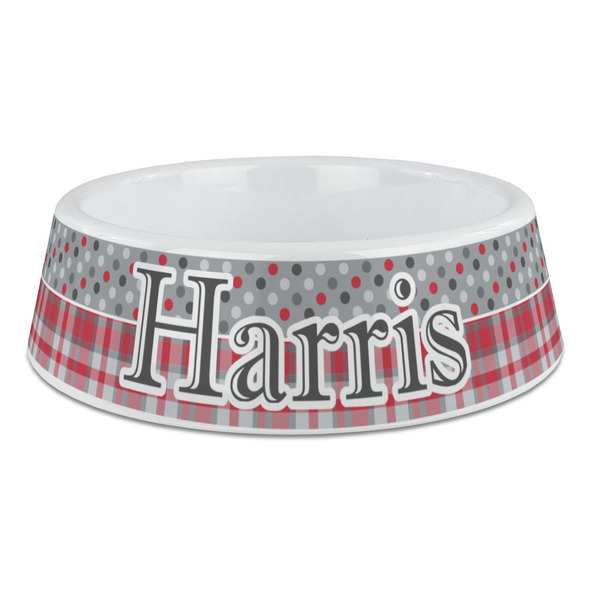 Custom Red & Gray Dots and Plaid Plastic Dog Bowl - Large (Personalized)