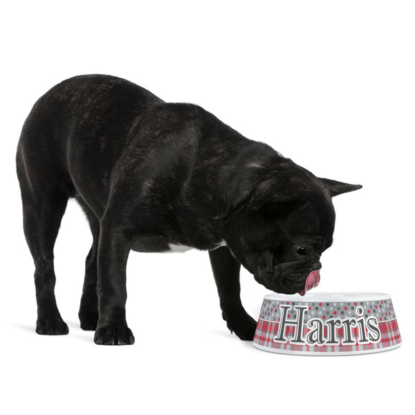 Red & Gray Dots and Plaid Plastic Pet Bowls - Medium - LIFESTYLE