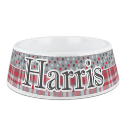 Red & Gray Dots and Plaid Plastic Dog Bowl - Medium (Personalized)