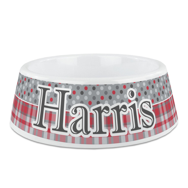 Custom Red & Gray Dots and Plaid Plastic Dog Bowl (Personalized)