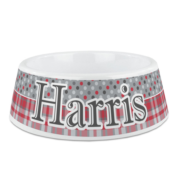 Custom Red & Gray Dots and Plaid Plastic Dog Bowl - Medium (Personalized)
