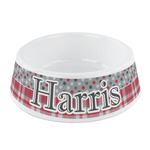Red & Gray Dots and Plaid Plastic Dog Bowl - Small (Personalized)