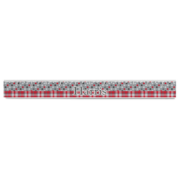 Red & Gray Dots and Plaid Plastic Ruler - 12" - FRONT