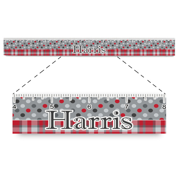 Custom Red & Gray Dots and Plaid Plastic Ruler - 12" (Personalized)