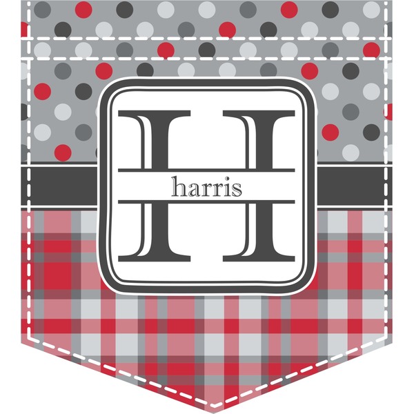 Custom Red & Gray Dots and Plaid Iron On Faux Pocket (Personalized)