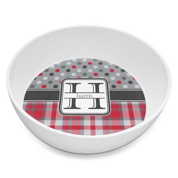 Custom Red & Gray Dots and Plaid Melamine Bowl - 8 oz (Personalized)