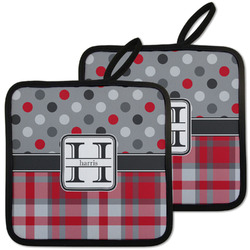 Red & Gray Dots and Plaid Pot Holders - Set of 2 w/ Name and Initial
