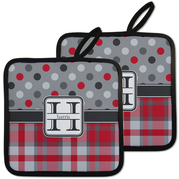 Custom Red & Gray Dots and Plaid Pot Holders - Set of 2 w/ Name and Initial