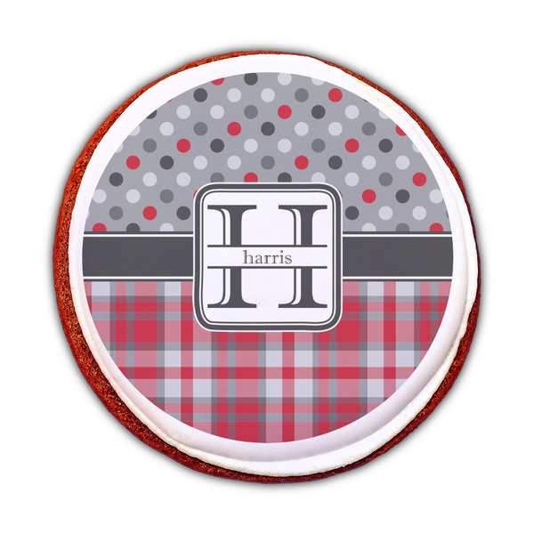 Red & Gray Dots and Plaid Printed Icing Circle - Medium - On Cookie
