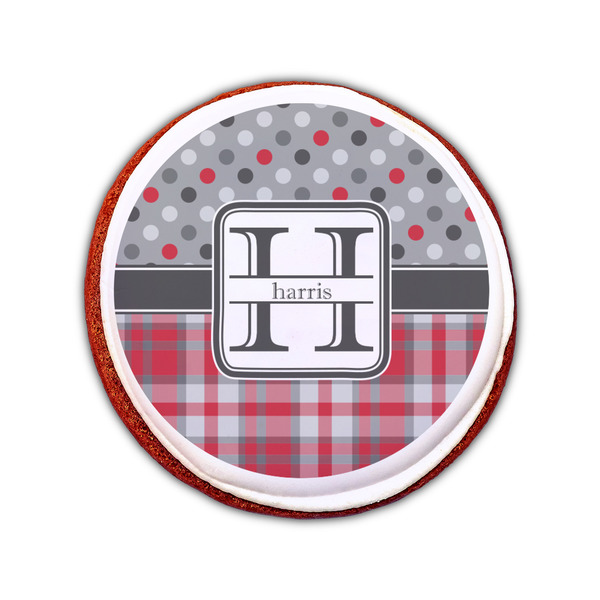 Red & Gray Dots and Plaid Printed Icing Circle - Small - On Cookie